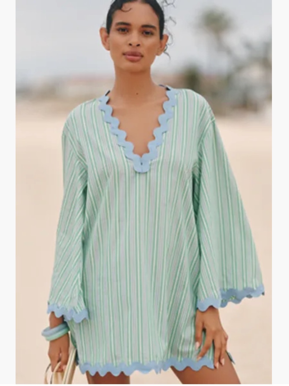 Flat White NWOT Striped Ric Rac Tunic-Mini Caftan- Swim Coverup